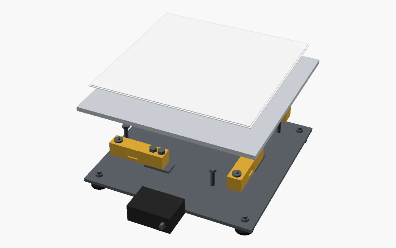 Exploded render of a full-size pad: top plate, load cells, base plate and electronics box
