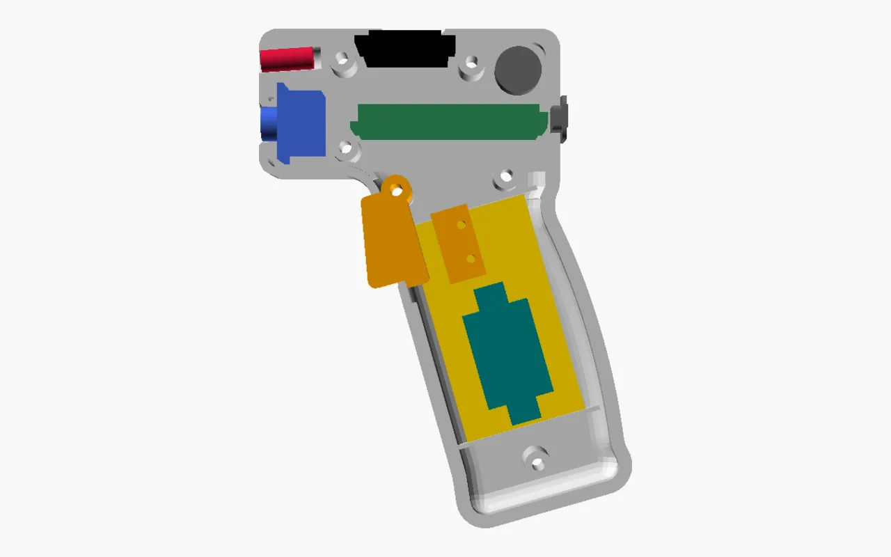 Cutaway render of the pistol-grip enclosure with the camera, screen, board and battery in place