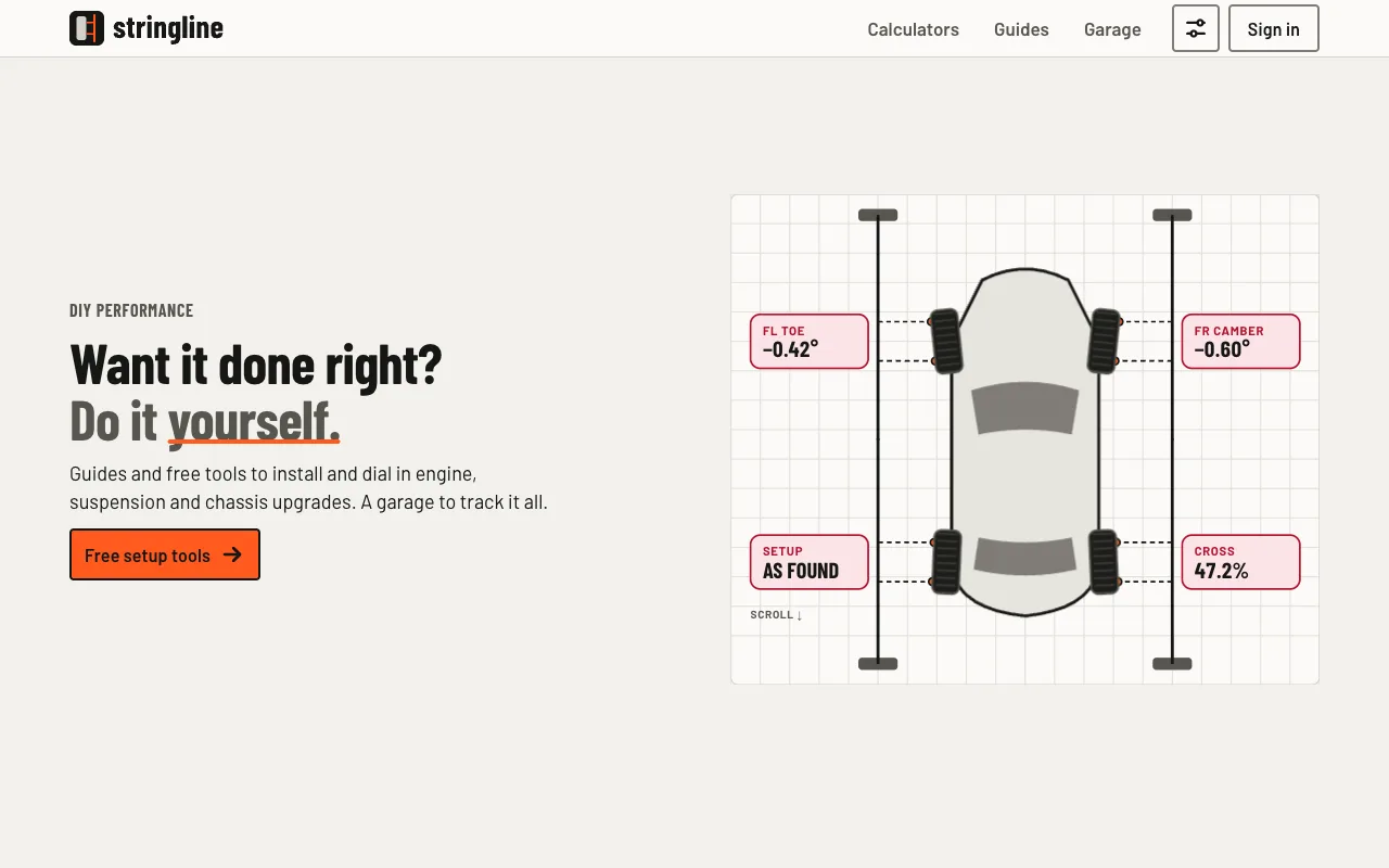 Stringline homepage with a top-down car diagram showing toe, camber and cross-weight readouts